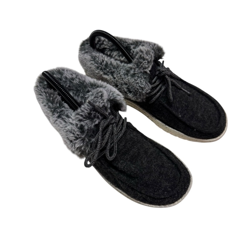 Hey Dude Britt Women Size 7 Faux Fur Slip On Shoes Black Grey Wendy Fold Casual